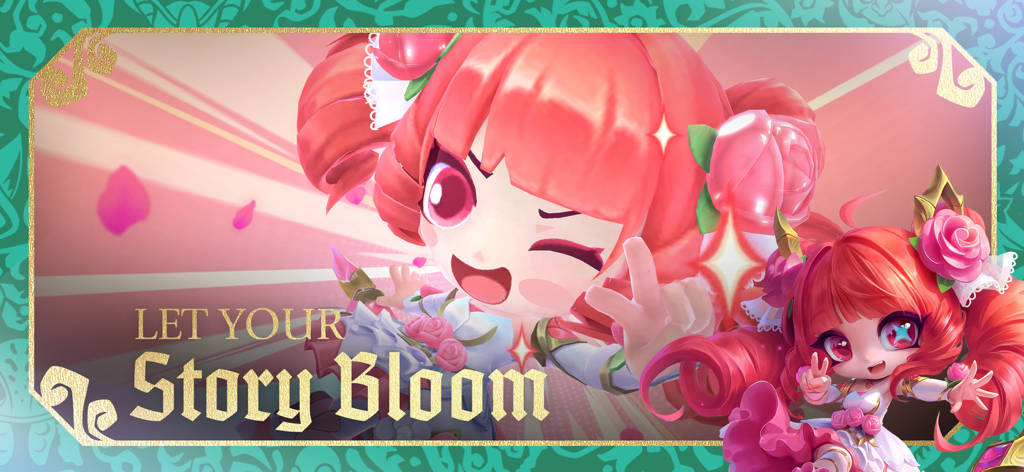 TFT: Teamfight Tactics - A pink haired Chibi Champion surrounded by roses in Teamfight Tactics with the text Let Your Story Bloom