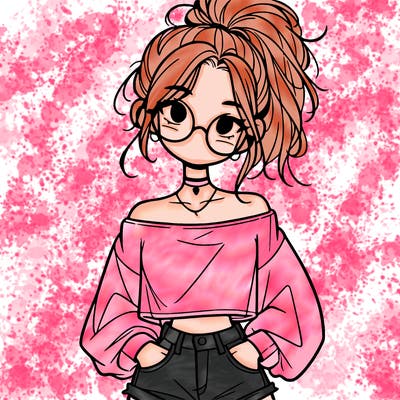 girl with a messy ponytail glasses a baggy crop top and jean shorts