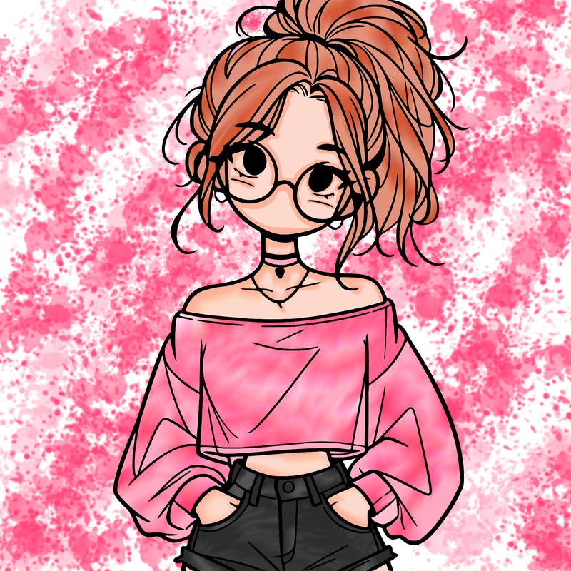 girl with a messy ponytail glasses a baggy crop top and jean shorts