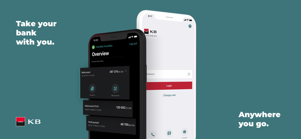 KB Mobilni banka Business app interface displaying account overview and login screens on mobile devices