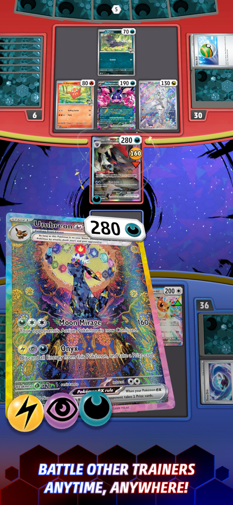 Jugabilidad de Pokémon TCG Live mostrando una carta Umbreon ex durante una partida en línea.