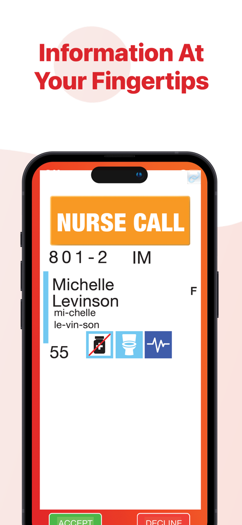 Deltapath Acute - Deltapath Acute App-Oberfläche zeigt eine Krankenschwester-Anrufwarnung mit Patientendetails an