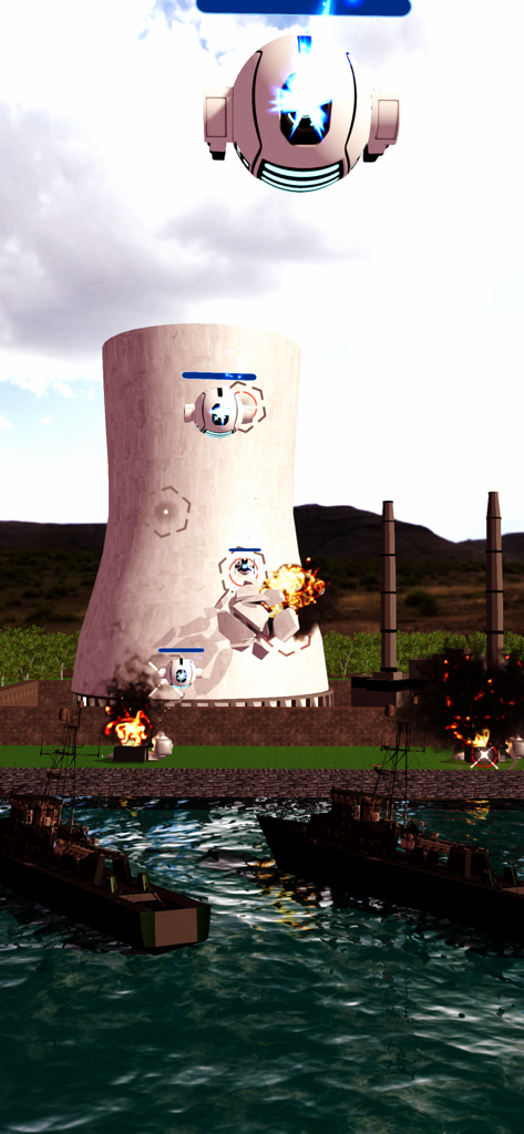 City Demolish: Rocket Smash! - Robotic drones causing explosions on a large industrial cooling tower near water