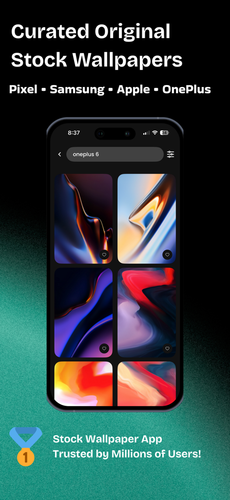 4K Wallpapers - PhoneWalls HD - Interfaz de la aplicación PhoneWalls que muestra una galería de fondos de pantalla originales seleccionados de Pixel Samsung Apple y OnePlus