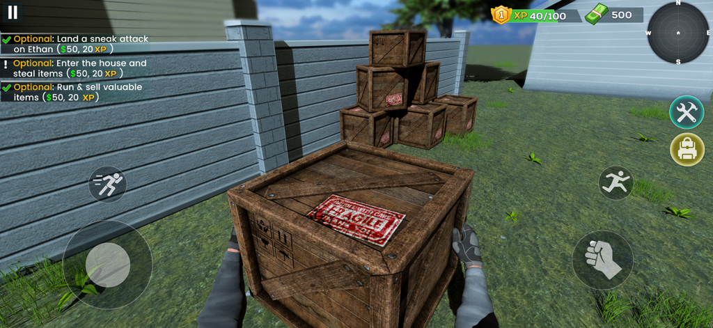 First person view of a player character near wooden crates during a heist mission in Robbery Crime Simulator