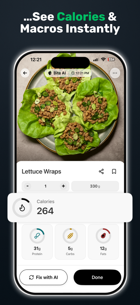 Bite AI: Photo Calorie Counter - Bite AI mobile app interface showing calorie and macronutrient analysis of a photo of lettuce wraps