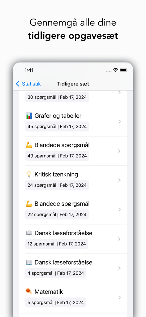 Kvote 2 Quiz - Une liste des séries d'études et des quiz précédemment terminés dans l'application Kvote 2 Quiz, montrant les catégories et les dates.