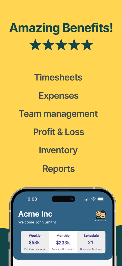 BestMate - Small Business App - BestMate app screenshot listing business benefits like timesheets and profit and loss above a mobile dashboard showing earnings and bookings.
