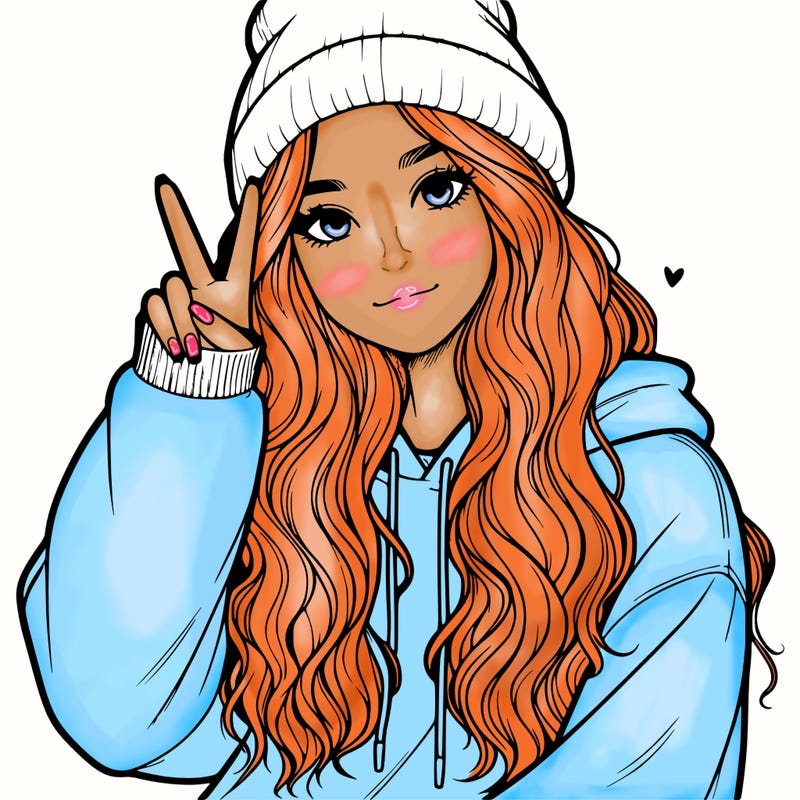 a teenage girl in a beanie, oversized sweatshirt, wavy long hair, and is showing a ✌️