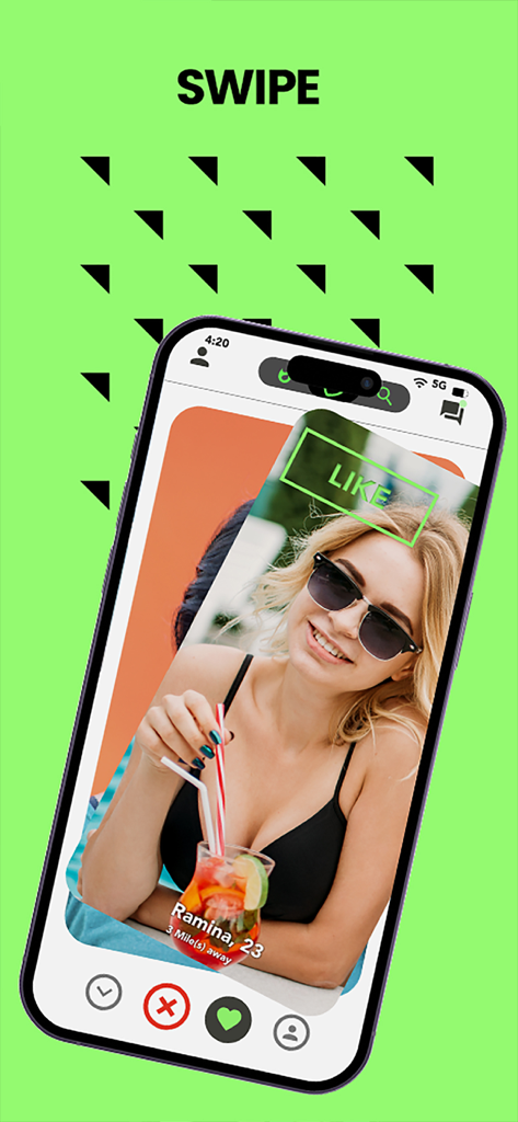 Screenshot of the Blazr dating app interface showing a profile with a swipe like feature on a green background