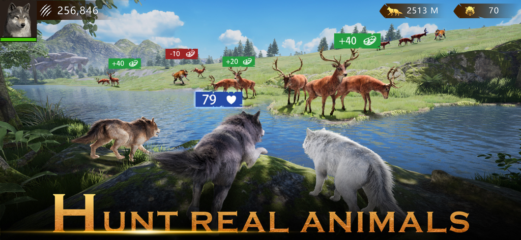 Wolf Game: Wild Animal Wars - A pack of wolves observing a herd of deer across a river in a 3D wilderness setting