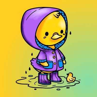 baby duck in a rain coat and boots, in a puddle while it’s raining