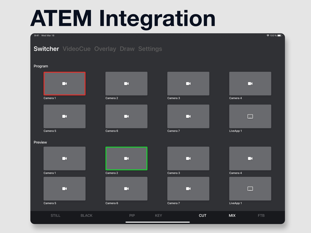 LiveApp Pro - LiveApp Pro iPad interface showing ATEM switcher remote control with program and preview rows for multi camera live production