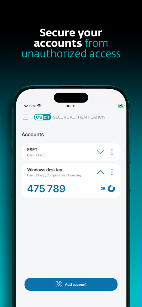 ESET Secure Authentication - ESET Secure Authentication app interface showing a multi-factor authentication code for a windows desktop