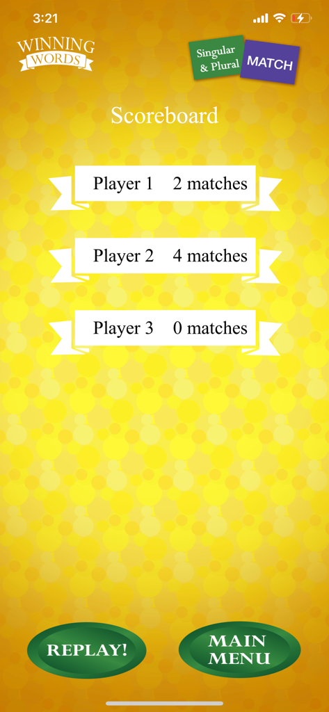 Singular and Plural Match - Scoreboard screen showing game results for three players in the Singular and Plural Match educational app