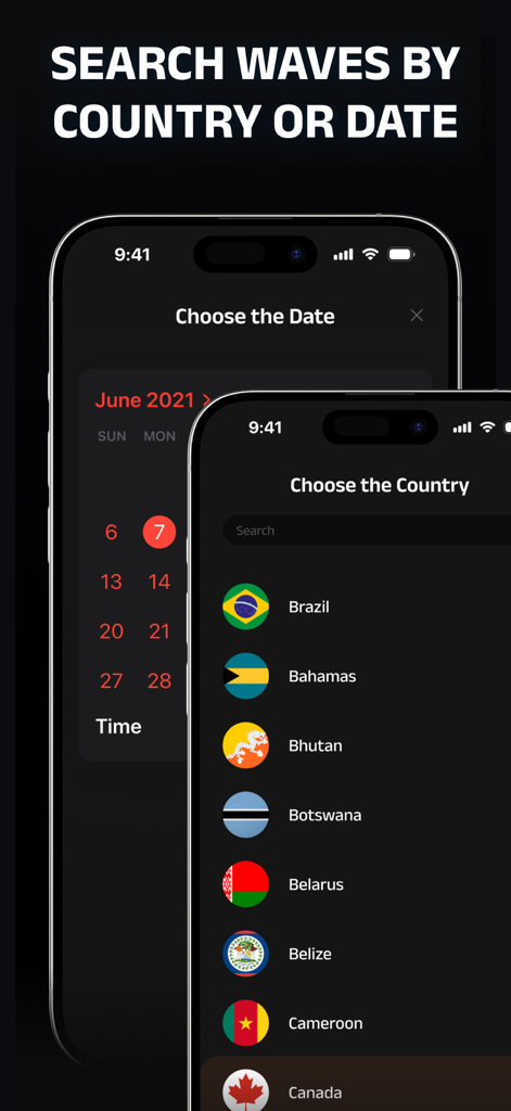 Screenshot of the Police and Fire Scanner Radio app showing screens to choose a date or select a country from a list with flags.