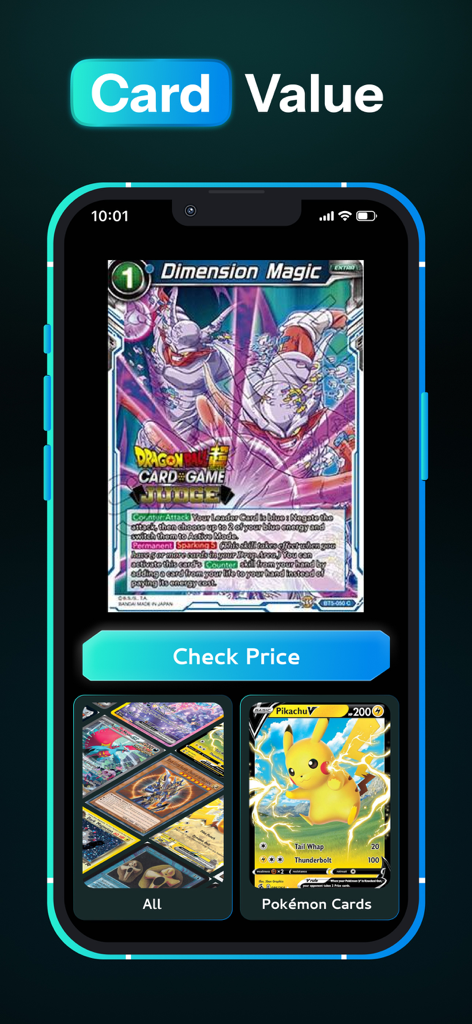 Interface of TCG Card Scanner app showing a scanned Dragon Ball card and a check price button