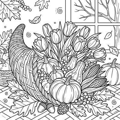 Celebrate the spirit of gratitude with this exquisite Thanksgiving coloring page featuring elegant tulips overflowing from a cornucopia. Surrounded by a rich harvest of pumpkins, gourds, and fall foliage, it's a delightful scene ready for your creative touch.