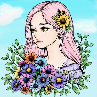 realistic girl with flowers