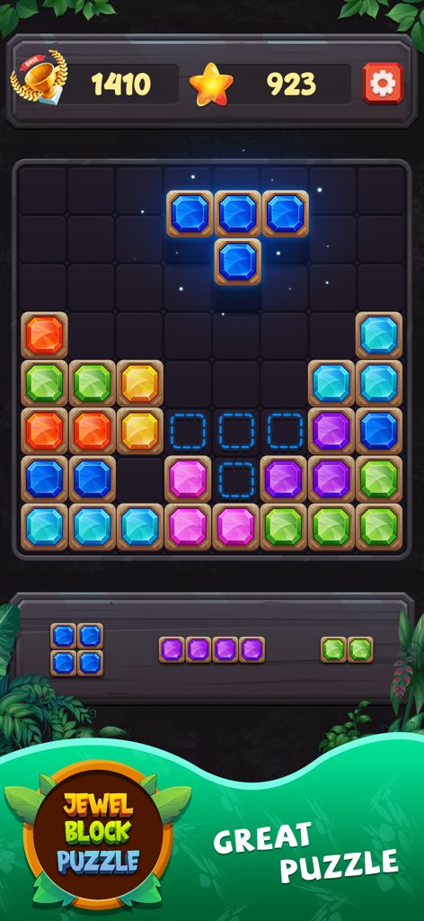 Jewel Block Puzzle Classic gameplay showing colorful gems on a puzzle grid