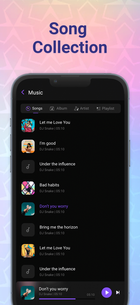Interface of the MX Video Player app displaying a curated song collection and music player controls