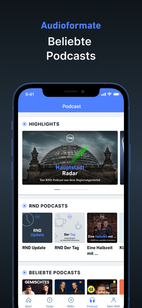 Smartphone screen of the RND news app displaying its podcast library with categories for highlights and audio updates.
