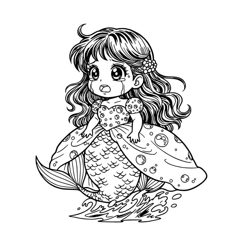 beautiful pretty baby mermaid in ballgown crying