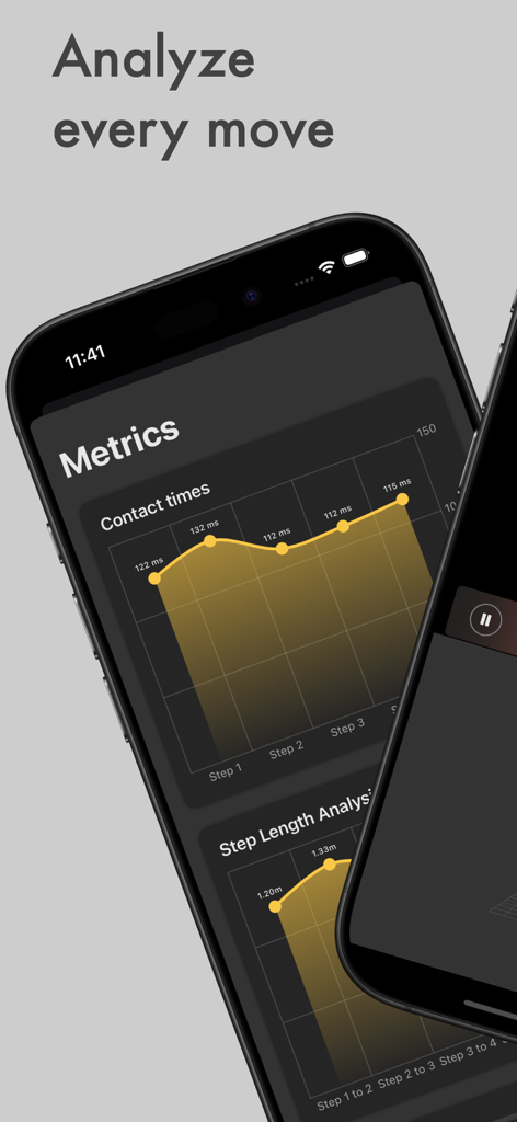 MoCa Video Analysis - Pantalla de la aplicación MoCa mostrando métricas de rendimiento deportivo que incluyen tiempos de contacto y análisis de longitud de zancada.