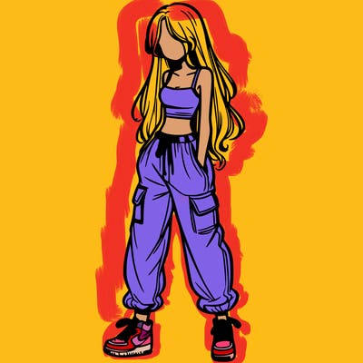 girl in baggy pants crop top and long hair