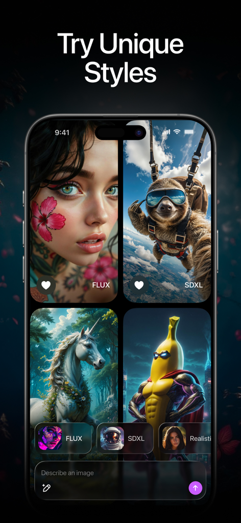 Interface de l'application mobile Flux Kontext IA montrant différents styles de génération d'images, y compris des portraits réalistes et des personnages créatifs