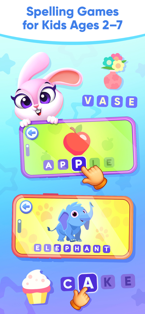 ABC Learning Games for Kids 3+ - Un personaje de conejo rosa presentando juegos interactivos de ortografía para niños de 2 a 7 años, incluyendo puzzles de palabras para manzana y elefante