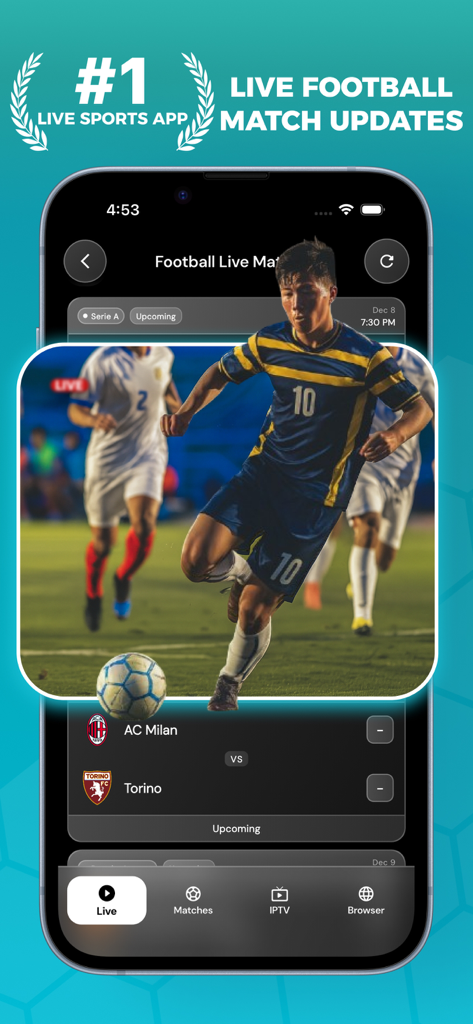 Buffstreams - Live Sports - iPhone screen displaying Buffstreams app with live football match updates and soccer action imagery