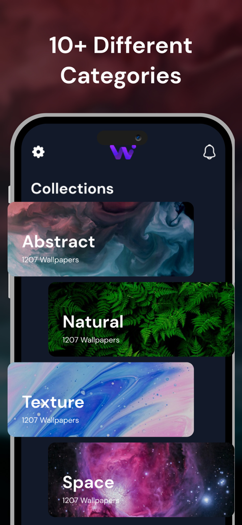 Interfaccia dell'app per sfondi che mostra diverse categorie di immagini come Astratto, Naturale, Tessitura e Spazio