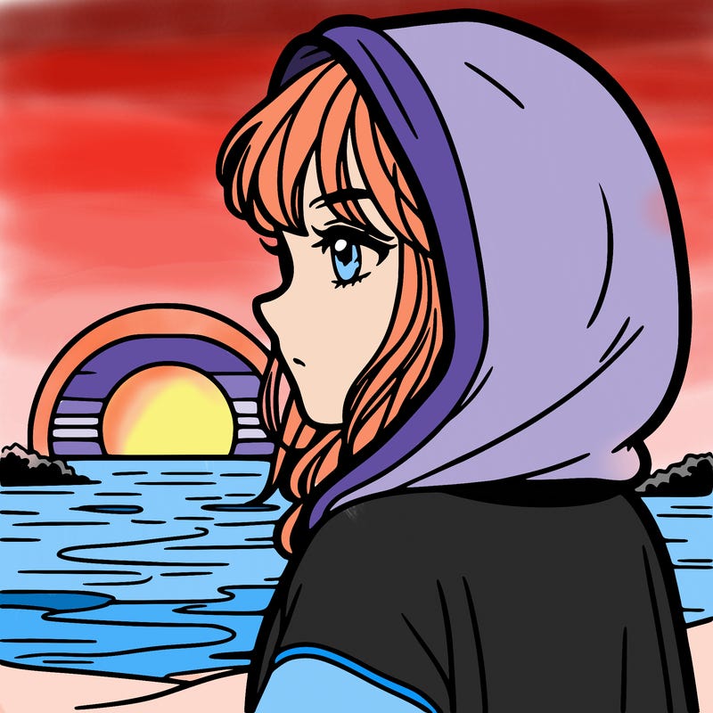 girl, staring at sunset wearing a hoodie