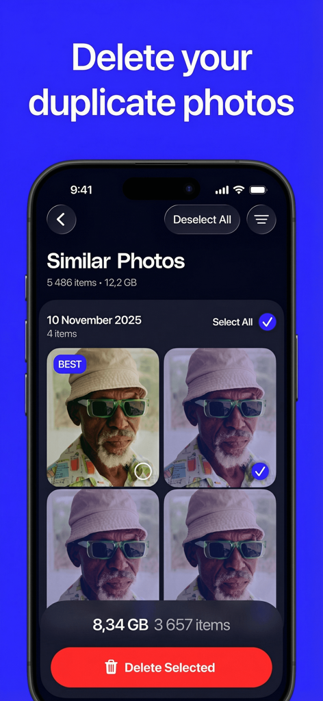 Cleano: Smart Cleaning - Cleano app interface displaying similar photo detection and a delete button to free up storage space