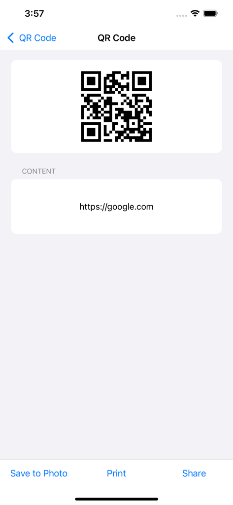 Power Barcode Scanner app interface showing a generated QR code for a web link with options to save print and share.