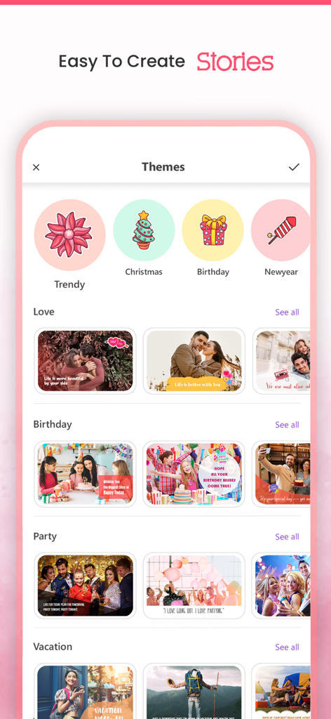 Video Maker - Slideshow Editor - Interface do aplicativo Criador de Vídeos mostrando vários temas de slideshow para aniversários e feriados