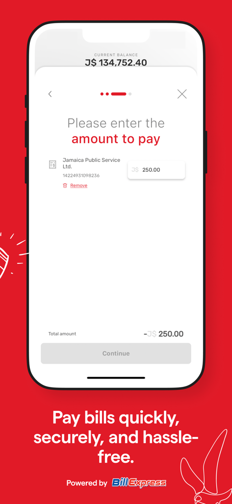 GK One - Interfaz de la aplicación GK One para pagar facturas de servicios públicos jamaicanos como Jamaica Public Service