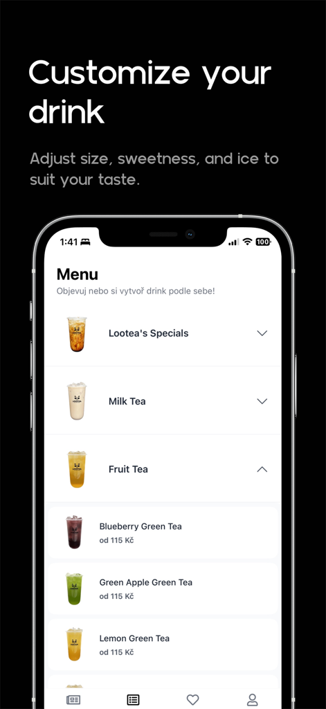 Lootea - Lootea app menu screen for customizing boba tea drinks