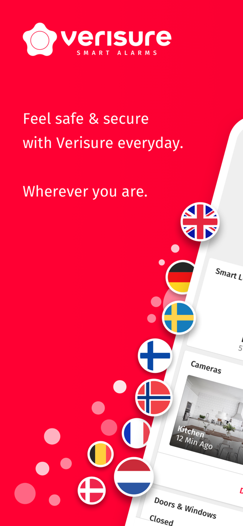 Verisure 스마트 홈 보안 앱 프로모션, 국제적 이용 가능성 및 원격 모니터링 인터페이스 표시