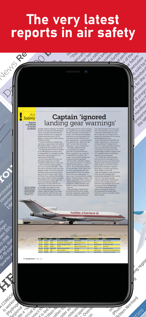 A screenshot of the Airliner World Magazine app displaying a detailed air safety report about landing gear warnings