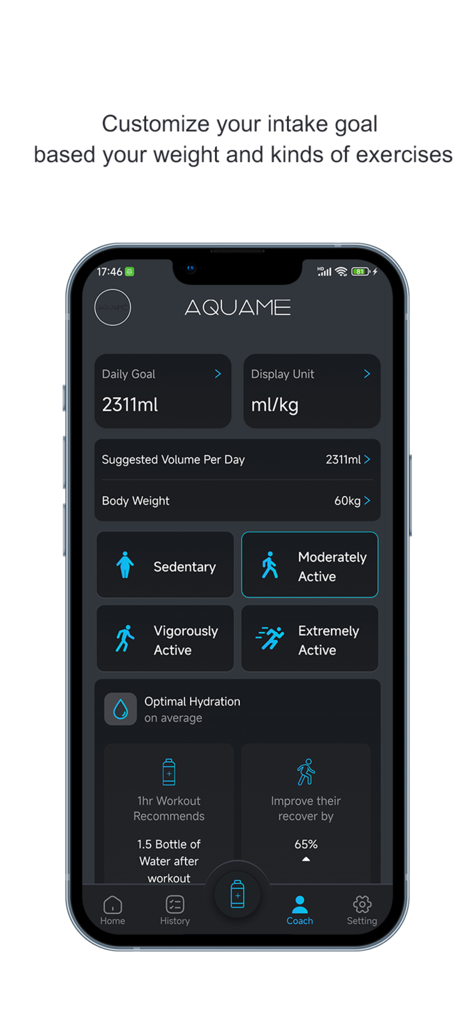 AQUAME PRO - Tela de configurações de metas de hidratação do aplicativo AQUAME PRO para personalizar metas diárias de hidratação com base no peso e nível de atividade