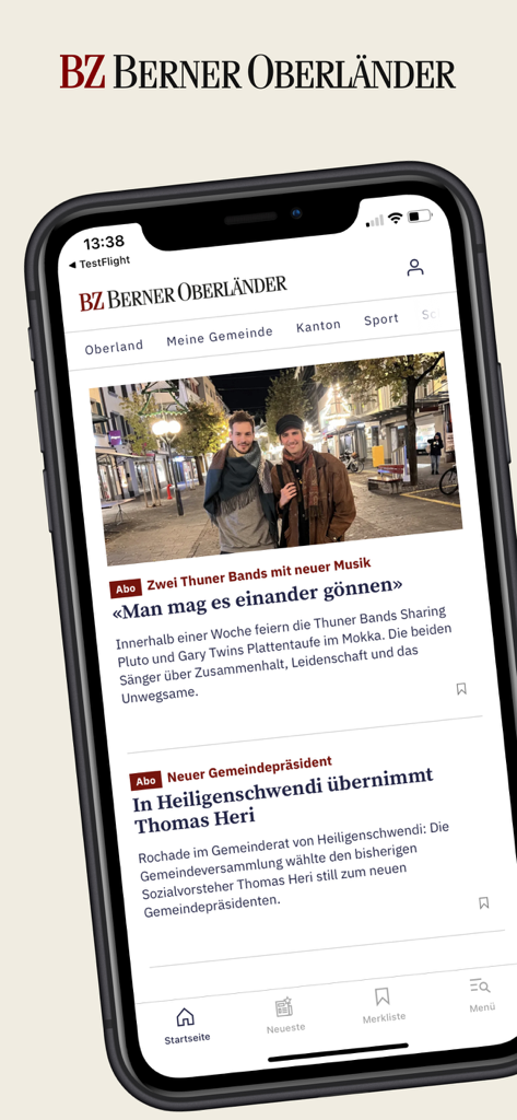 BZ Berner Oberländer - Mobile interface of the BZ Berner Oberlander news app showing regional Swiss news articles