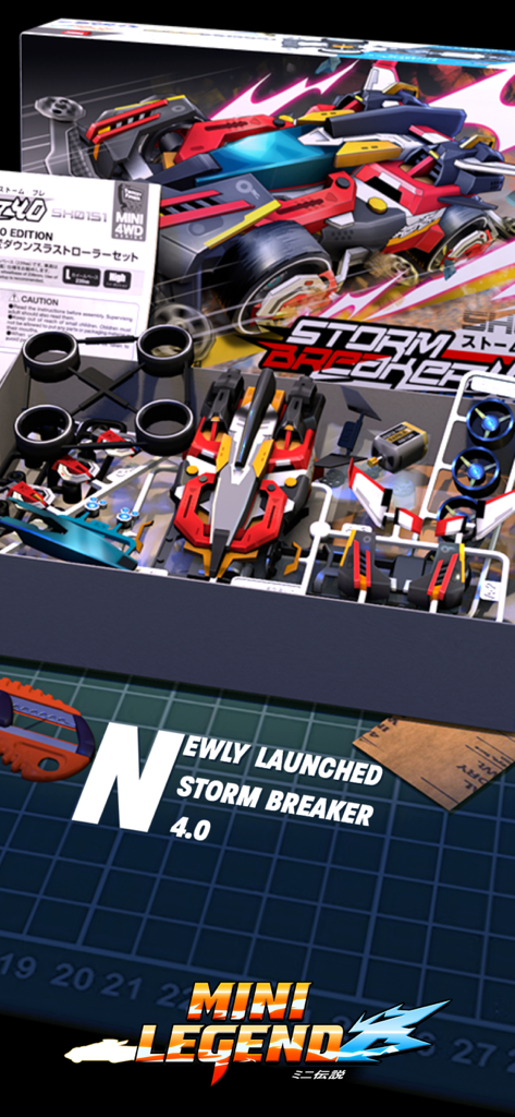 Plastic model kit components for the Storm Breaker 4.0 car in Mini Legend 4WD Racing Sim