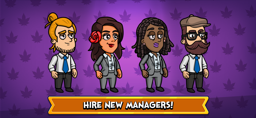 Four cartoon business managers standing above a hire new managers banner in Weed Inc Idle Tycoon