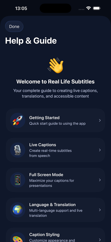 Live Transcribe Pro - Help and Guide menu for the Live Transcribe Pro app featuring setup tutorials and captioning features