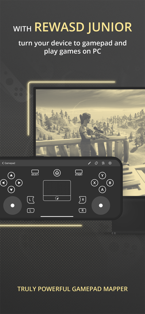 PCゲームに使用されるreWASD Mobile仮想ゲームパッドインターフェイスを表示するスマートフォン。