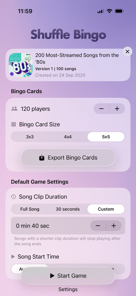 Shuffle Music Bingo - Game - Shuffle Music Bingo app game settings screen with options to export cards and customize song clip duration
