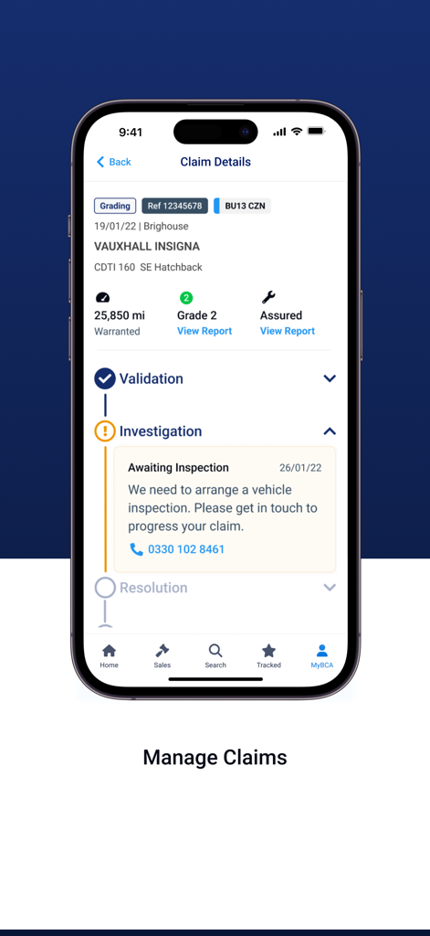 BCA Buyer - A mobile interface of the BCA Buyer app showing vehicle claim details and an investigation status update for a Vauxhall Insignia.
