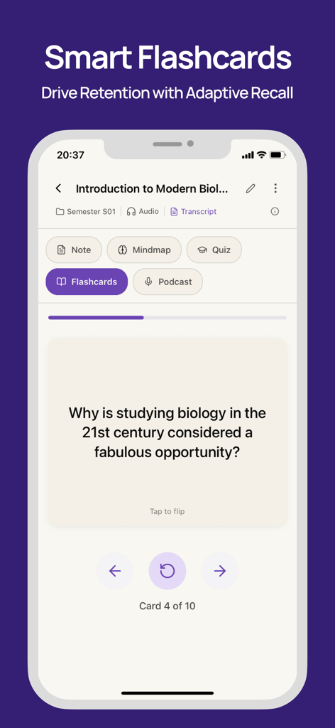 適応型想起学習のための生物学フラッシュカードを表示するSocranotesアプリのインターフェース。